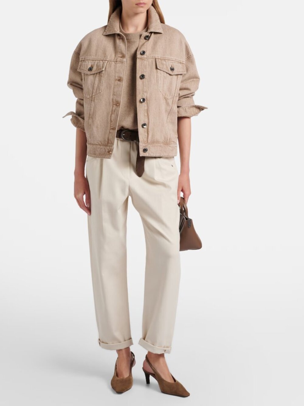 Brunello Cucinelli Monili Pants Beige Cotton Twill Shiny Bartack Size 10